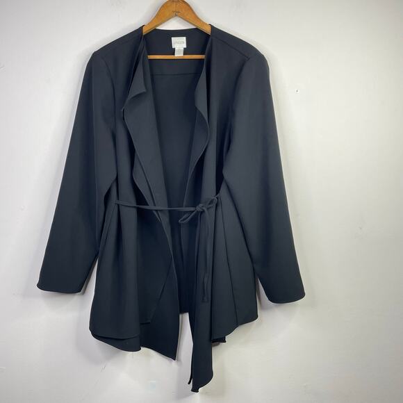 Chicos Tie Front Draped Minimalist long Jacket Black Lagenlook Womens 2 L 12 - Picture 1 of 13